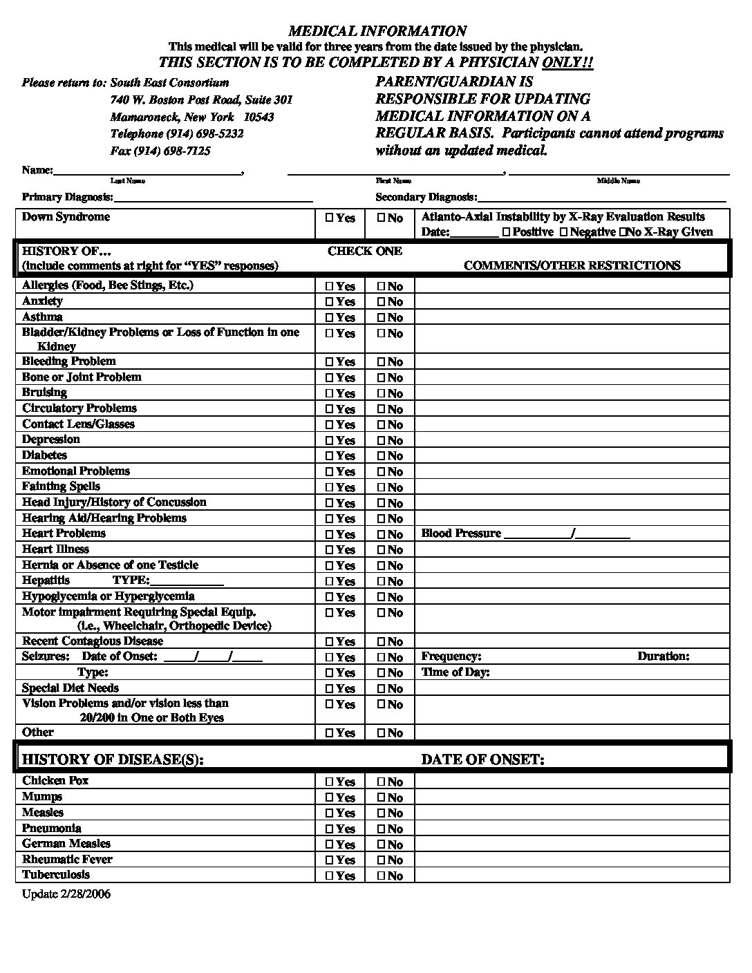SEC Medical Form (must be filled out entirely and signed by doctor)